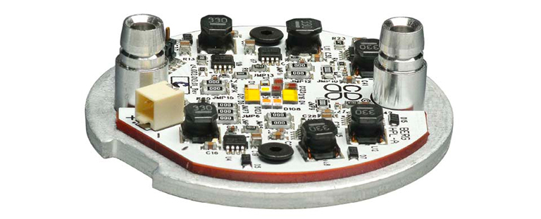 The LED and Driver board, which contains the driver electronics, a five-color LED array, and a highly effective platform for thermal pathways.