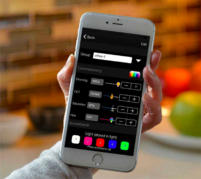A person holds a smartphone to show the Bluetooth component of ERP’s LED light programming software.