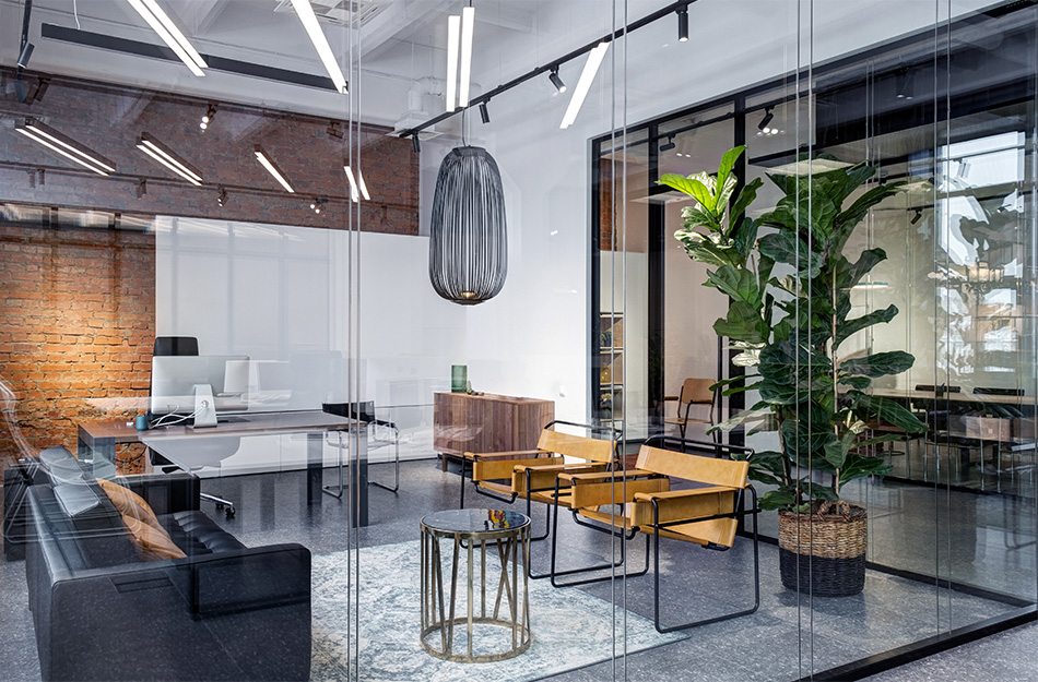 Glassy office space with tunable lighting