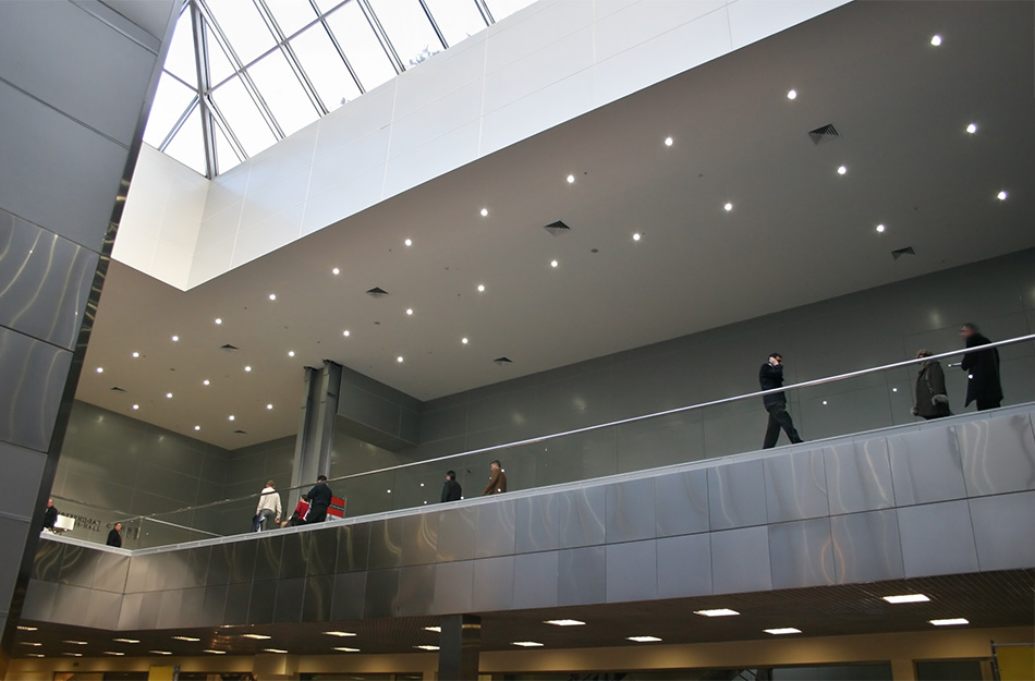 patterned lighting in modern atrium